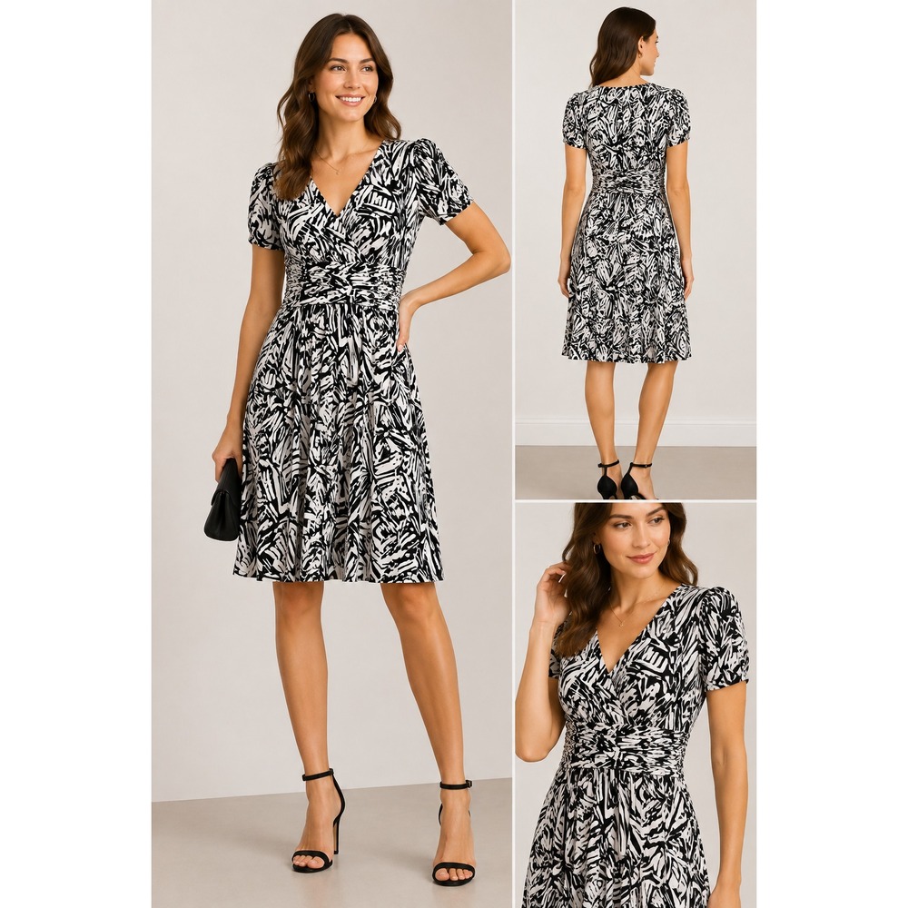 Max and Cleo Dress Size 6 NWT Black Vellum Abstract Print Ruched Waist $118